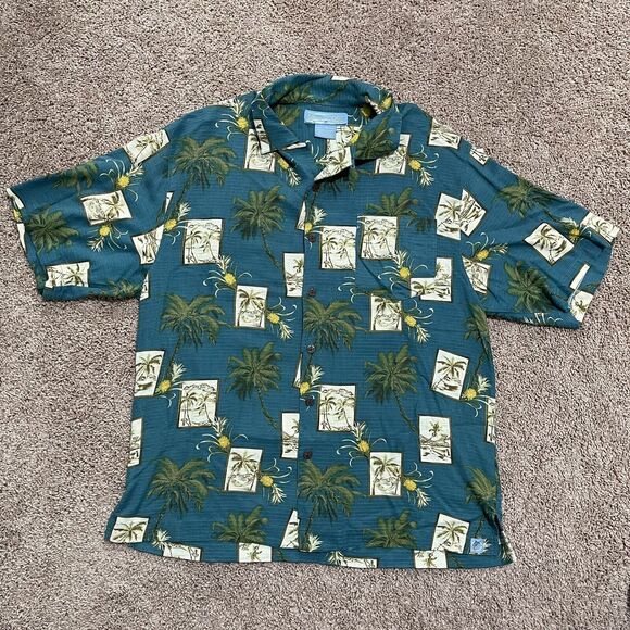 Bermuda Bay Shirt Mens Large Deep Sea Blue Caribbean Palm Tree Silk Tropical - Picture 1 of 10